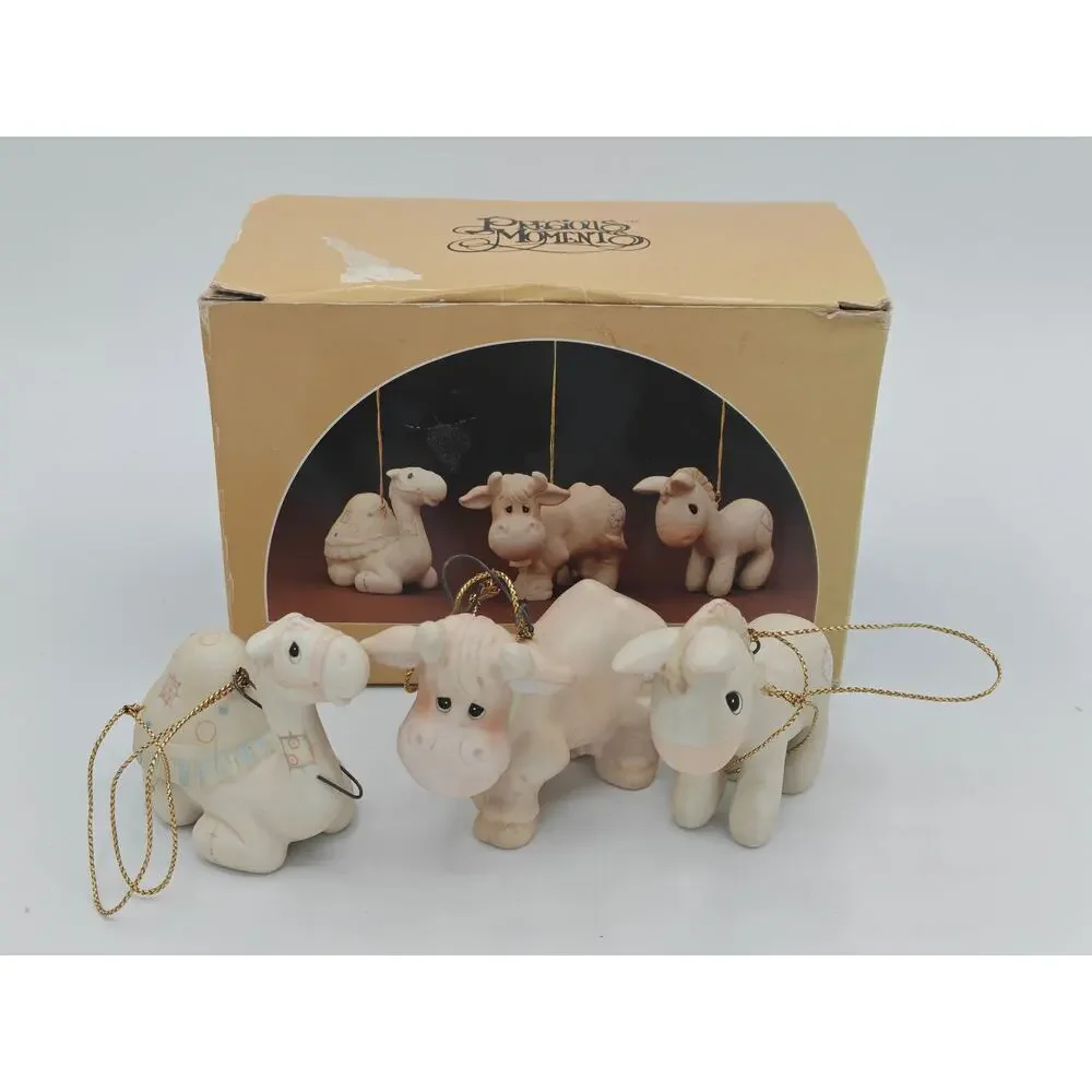 Precious Moments E2386 Trio Of Porcelain Bisque Nativity Animal Ornaments 1982